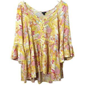 TORRID Plus Size 1X Baby Doll Top Yellow floral Ruffle Blouse